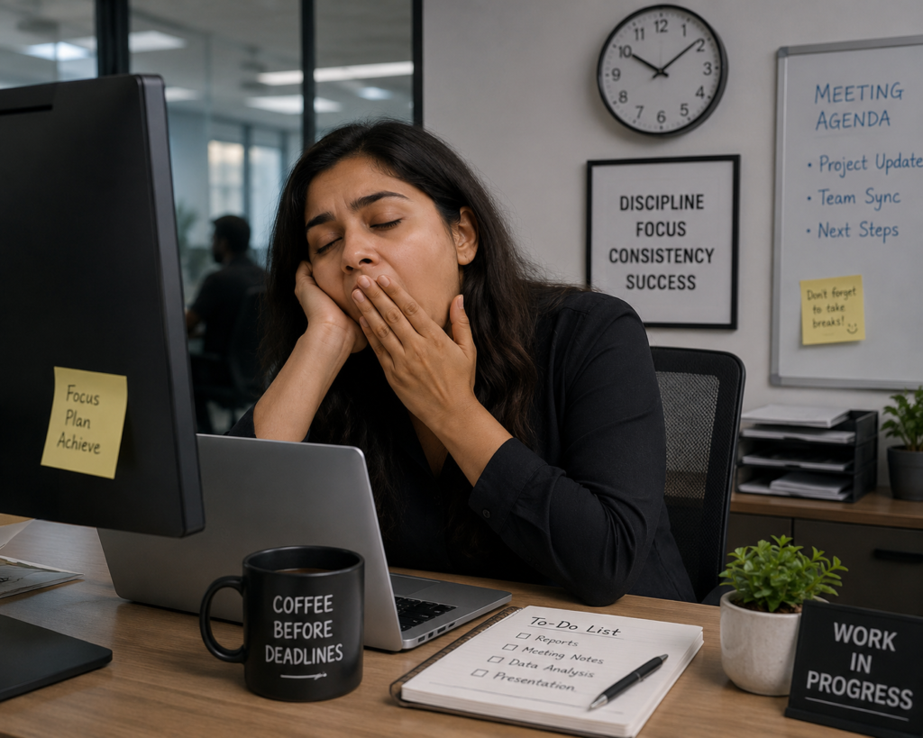 Office worker feeling sleepy and fatigued at desk during afternoon work hours